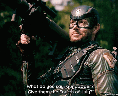 Superhero Holding Gun Asking What Do You Say Gunpowder