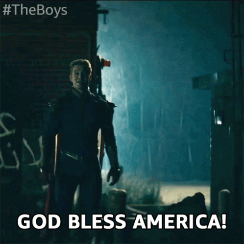 Superhero in Dark Alley Saying God Bless America