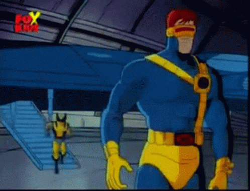 Superhero Man In Blue And Yellow With Fox Logo GIF