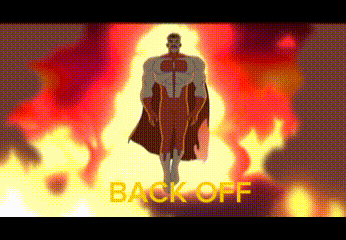 Superhero Standing Before Fire Back Off