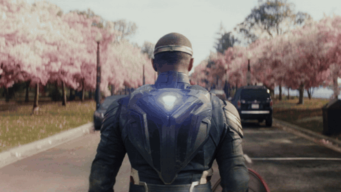 Superhero Walking Down Cherry Blossom Street