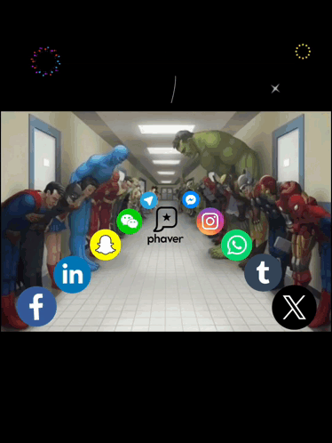Superheroes Standing in Hallway With Phaver Logo