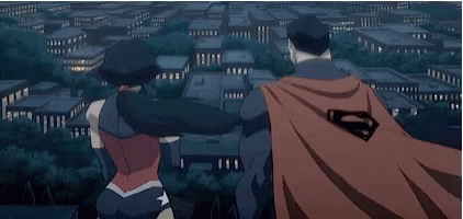 Superman And Lois Lane Are Looking At The Moon Over A City . GIF