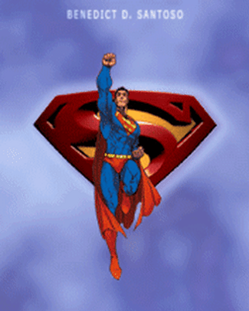 Superman Flying With Logo Behind GIF