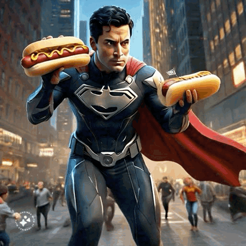 Superman Is Holding A Hot Dog And A Sandwich In His Hands GIF