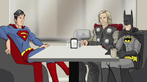 Superman Thor and Batman Sitting at Table Drinking Coffee