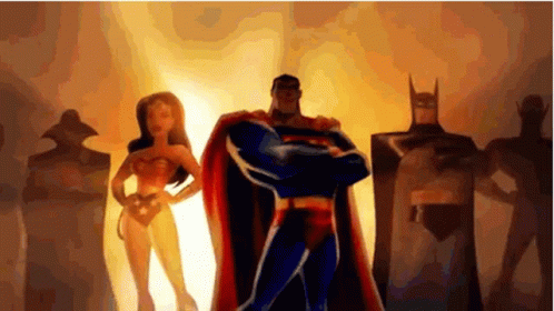 Superman , Wonder Woman , Batman And Joker Are Standing Next To Each Other In A Cartoon . GIF