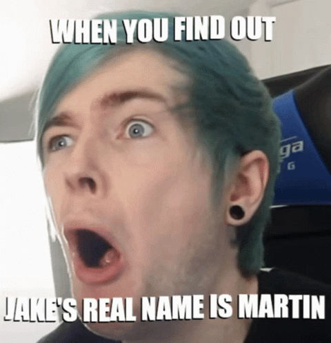 Surprised Blue-Haired Man Finding Out Jake's Real Name