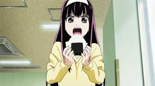 Surprised Girl With Long Black Hair Holding Onigiri