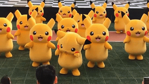 Surprised Multiple Pikachu Mascots Dancing GIF
