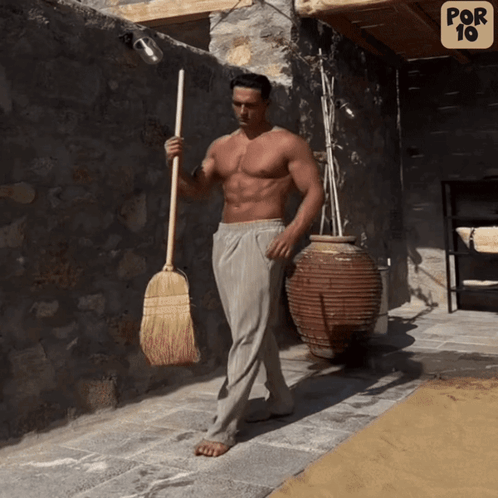 Sweeping Broom Bodybuilder GIF