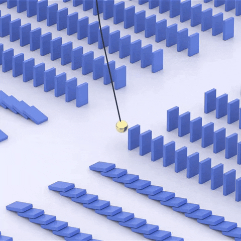 Swinging Pendulum Knocking Down Dominoes GIF