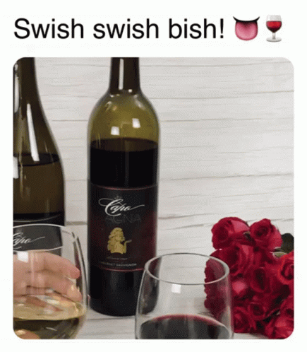 Swish Swish Bish Wine Bottle Next to Glass
