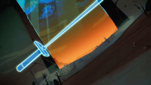 Sword With Blue Handle Glowing In Dark Room GIF