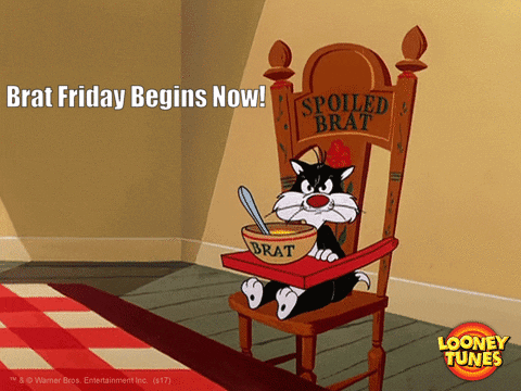 Sylvester Sitting On High Chair With Bowl Of Brat GIF