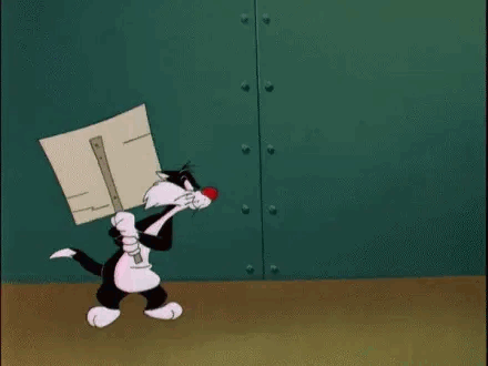 sylvester the cat from looney tunes is holding a sign that says `` save the fish for me '' .
