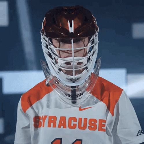 Syracuse Lacrosse Player Wearing Helmet and Jersey