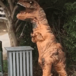 T-Rex Costume Standing by Trash Can