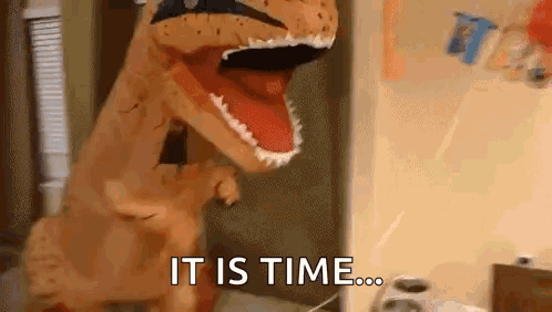 T-rex Dinosaur Party Mascot It Is Time GIF