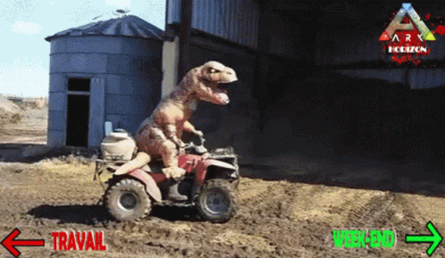 T-Rex Riding Four Wheeler With Travail GIF