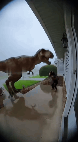 T-Rex Standing On Porch Next To Dog GIF