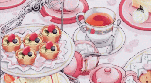 Table With Food Plates And Tea Cup Spoon GIF