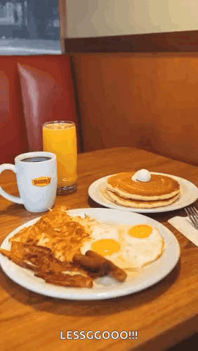 Table with Food Plates Including Pancakes Eggs Bacon Coffee