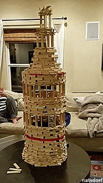 Tall Wooden Block Tower on Table