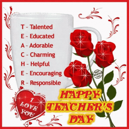 Teacher's Day Greeting Card With Roses And Heart GIF