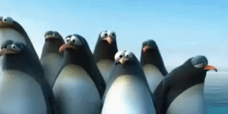 Animated Penguins On Floating Ice Doing Team Work GIF
