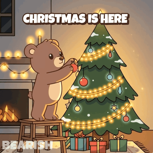 Teddy Bear Decorating Christmas Tree With Christmas Is Here