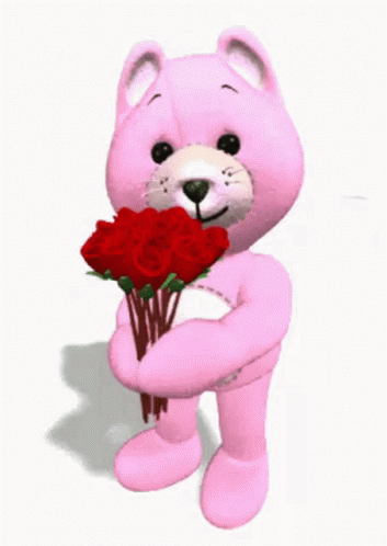 Teddy Bear Holding Bouquet of Red Roses