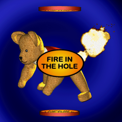 Teddy Bear Holding Fire in the Hole Sign