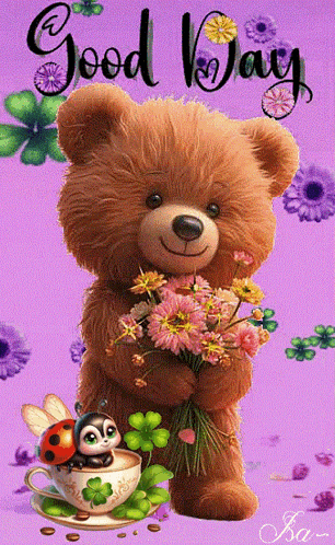 Teddy Bear Holding Flowers and Ladybug in Coffee