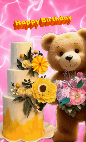Teddy Bear Holding Flowers Near Happy Birthday Cake