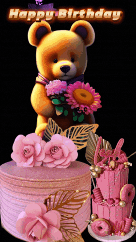 Teddy Bear Holding Flowers Next to Pink Cake