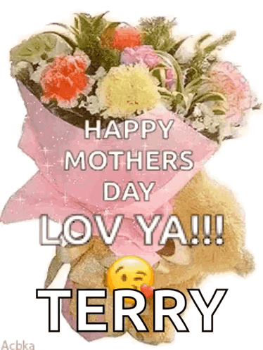 Teddy Bear Holding Flowers Saying Happy Mother's Day GIF