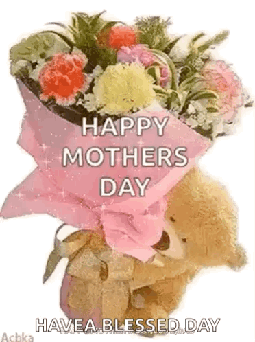 Teddy Bear Holding Flowers Wishing Happy Mother's Day
