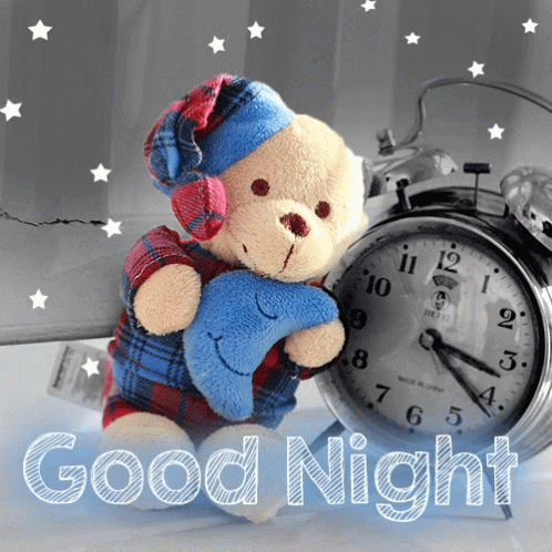 Teddy Bear Holding Moon Beside Alarm Clock Saying Good Night