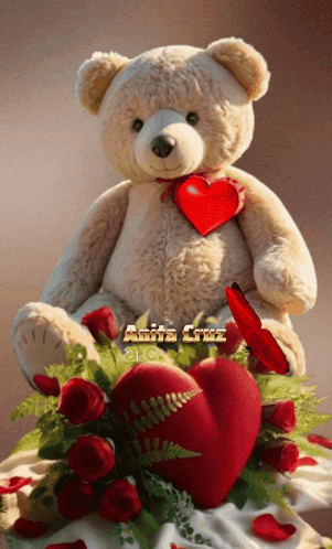 Teddy Bear Holding Red Heart Surrounded by Roses