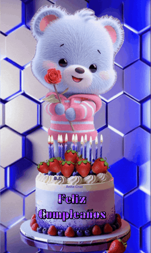Teddy Bear Holding Rose With Feliz Cumpleaños Cake
