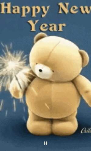 Teddy Bear Holding Sparkler Saying Happy New Year GIF