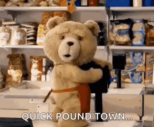 Teddy Bear in Apron Holding Black Object in Store