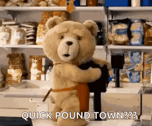 Teddy Bear in Apron Holding Black Object