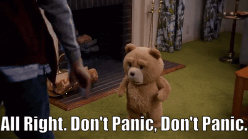 Teddy Bear In Front Of Fireplace Saying Don't Panic GIF