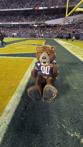 Teddy Bear In Jersey Number 90 On Football Field GIF
