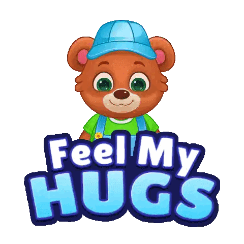 Teddy Bear in Overalls Holding Feel My Hugs Sign