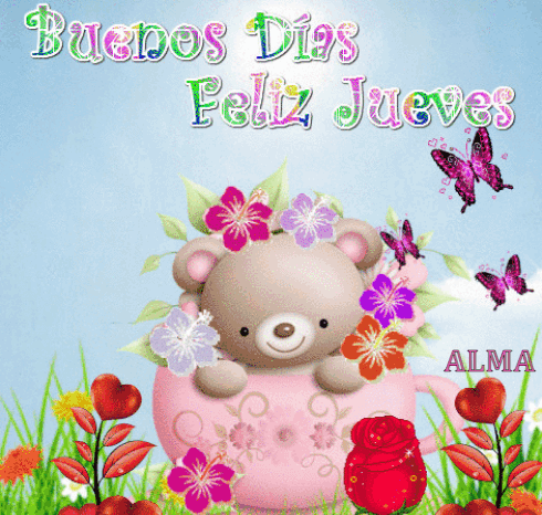 Teddy Bear in Pink Teacup Says Buenos Dias