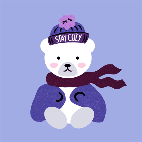 Teddy Bear in Purple Hat and Scarf Saying Stay Cozy