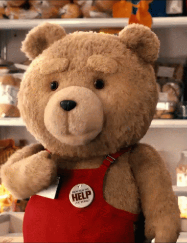 Teddy Bear in Red Apron Says Everyone Needs Help